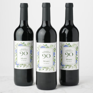 90th Birthday Blue Hydrangeas Wine Label