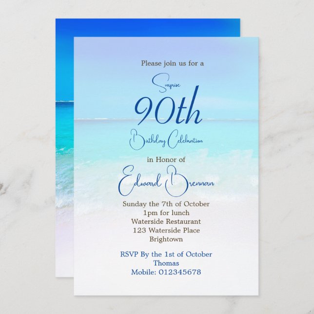 90th Birthday Blue Ocean Sea Destination Birthday  Invitation (Front/Back)