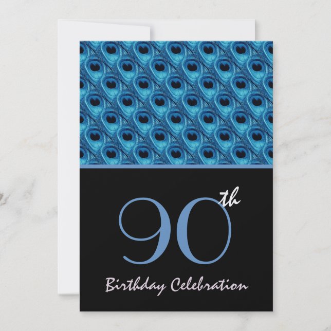 90th Birthday Blue Peacock Feathers Template (Front)