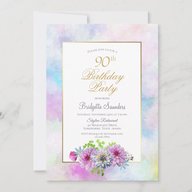 90th Birthday Blue Pink Floral Gold Pastel Border Invitation (Front)