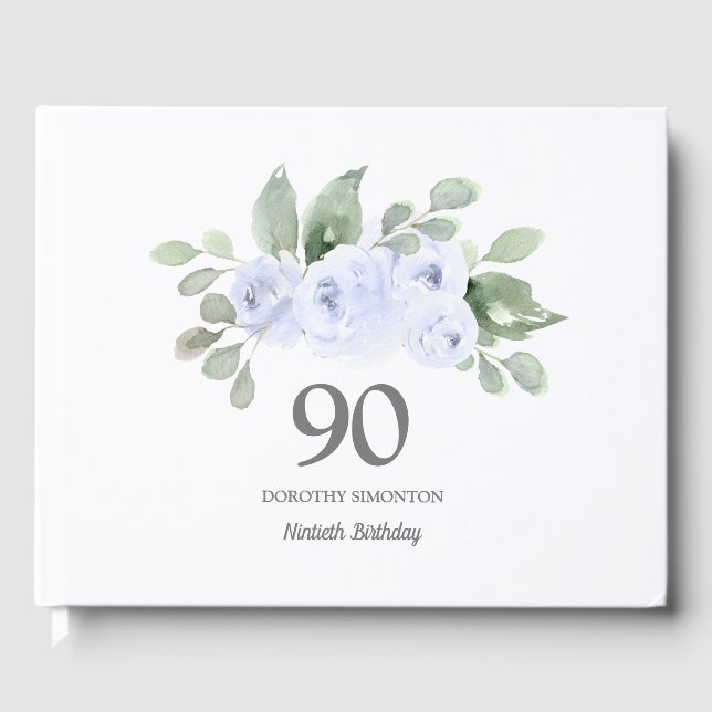 90th Birthday Blue Rose Floral Guest Book (Front)