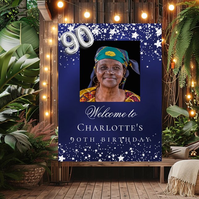 90th Birthday blue silver stars photo welcome Poster (Creator Uploaded)
