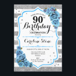 90th Birthday - Blue Silver White Stripes Invitation<br><div class="desc">90th Birthday Invitation.
Elegant design in faux glitter silver,  white and turquoise aqua blue. Features stylish script fort,  stripes and blue roses. Perfect for an elegant birthday party. Can be customized into any age.</div>