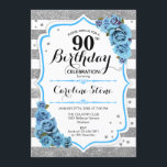 90th Birthday - Blue Silver White Stripes Invitation<br><div class="desc">90th Birthday Invitation.
Elegant design in faux glitter silver,  white and turquoise aqua blue. Features stylish script fort,  stripes and blue roses. Perfect for an elegant birthday party. Can be customized into any age.</div>