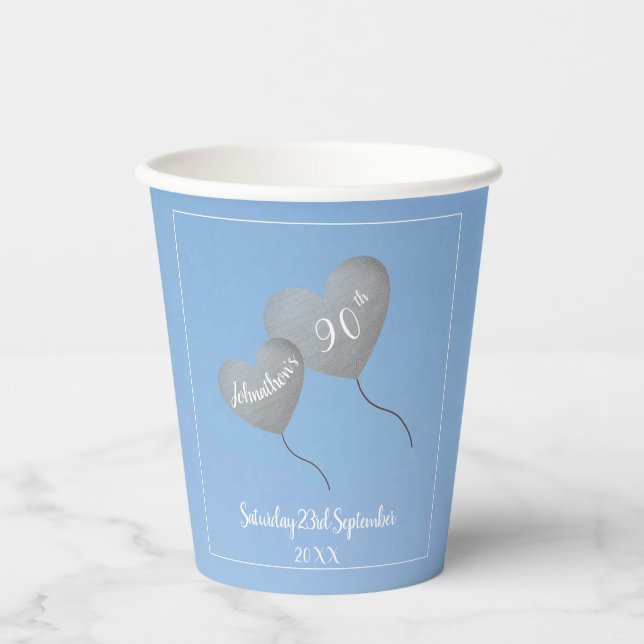 90th birthday blue sky & silver balloon paper cups (Front)