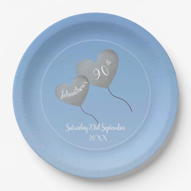 90th birthday blue sky & silver balloon paper plate (Front)