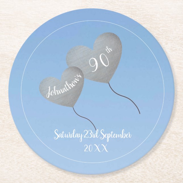 90th birthday blue sky & silver balloon round paper coaster (Front)