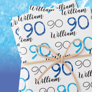 90th birthday Blue themed Custom Age Name Wrapping Paper Sheet