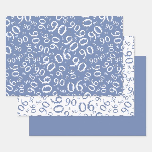 90th Birthday Blue & White Random Number Pattern Wrapping Paper Sheet (Set)