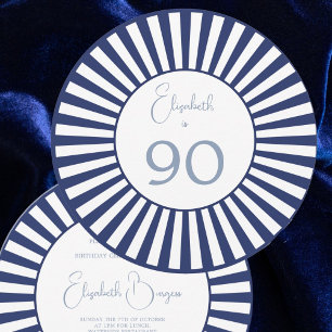 90TH Birthday Blue White Stripe Stylish Round  Invitation