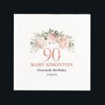 90th Birthday Blush Pink Floral Elegant Feminine Napkin<br><div class="desc">Soft blush pink roses and bright pink buds create a beautifully rustic floral wreath. White hydrangeas at to the floral bloom. The birthday woman's name is written in a large script font. 90th Birthday and the thank you sentiment follow. This birthday napkin is part of the 90th Birthday Pink Rose...</div>