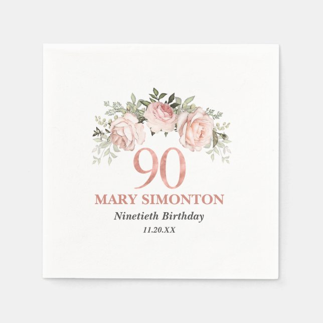 90th Birthday Blush Pink Floral Elegant Feminine Napkin (Front)