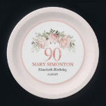 90th Birthday Blush Pink Floral Elegant Feminine Paper Plate<br><div class="desc">Soft blush pink roses create a pretty border. 90 is written in a pretty rose gold metallic. Two lines of text let you easily personalise your party decor. This birthday napkin is part of the 90th Birthday Pink Rose Floral collection. It contains many DIY templates that let you quickly create...</div>