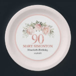 90th Birthday Blush Pink Floral Elegant Feminine Paper Plate<br><div class="desc">Soft blush pink roses create a pretty border. 90 is written in a pretty rose gold metallic. Two lines of text let you easily personalise your party decor. This birthday napkin is part of the 90th Birthday Pink Rose Floral collection. It contains many DIY templates that let you quickly create...</div>