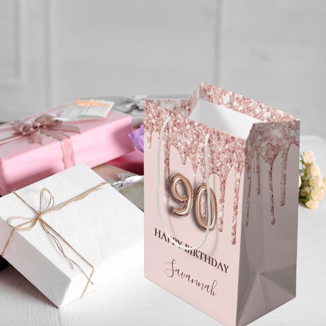 90th birthday blush pink glitter drips rose gold medium gift bag (Creator Uploaded)
