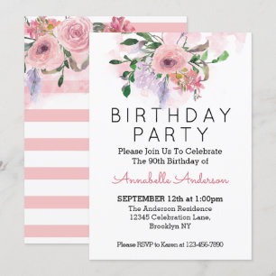 90th Birthday Blush Pink Rose Floral Watercolor Invitation