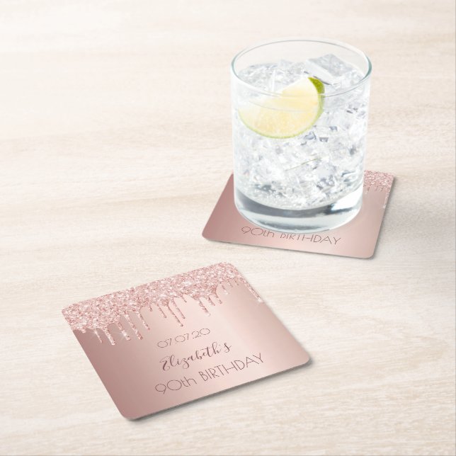 90th birthday blush rose gold drips name square paper coaster (Insitu)