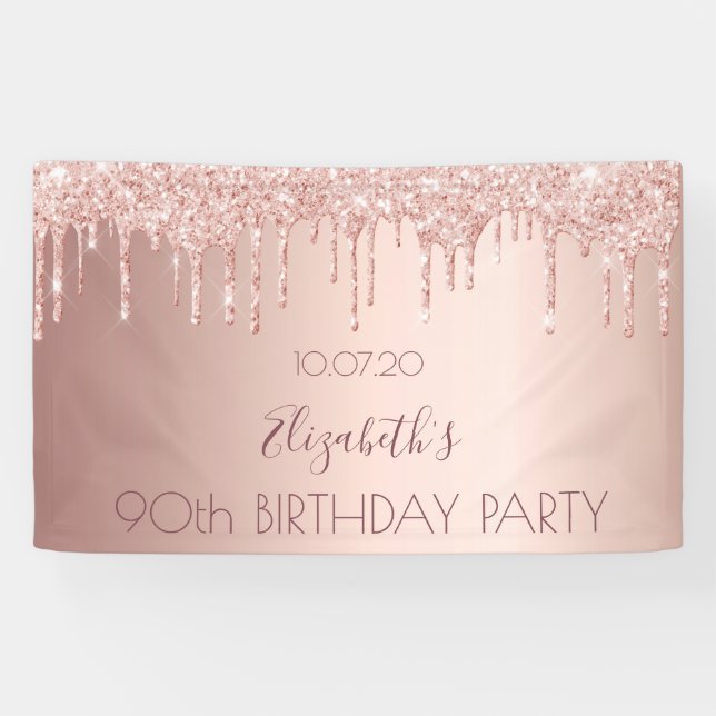 90th birthday blush rose gold glitter drips name banner (Horizontal)