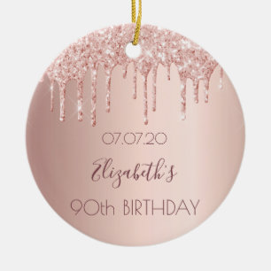 90th birthday blush rose gold glitter drips name ceramic tree decoration