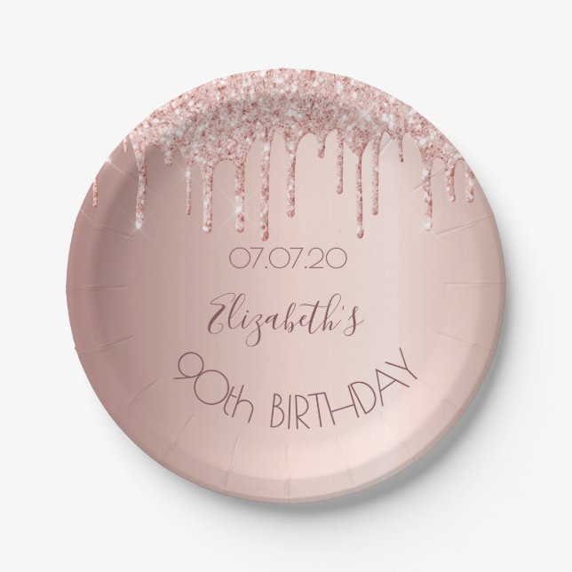 90th birthday blush rose gold glitter drips name paper plate (Front)