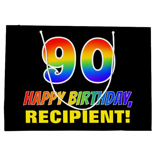 90th Birthday: Bold, Fun, Simple, Rainbow 90 Large Gift Bag (Back)