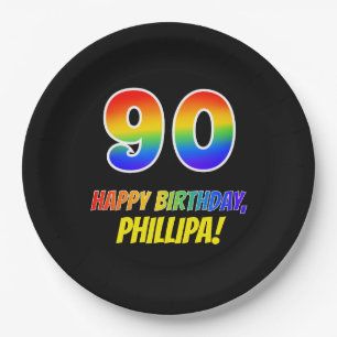 90th Birthday: Bold, Fun, Simple, Rainbow 90 Paper Plate