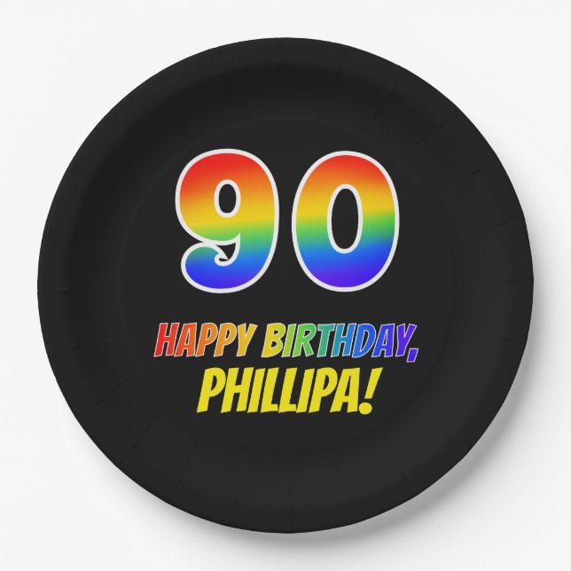 90th Birthday: Bold, Fun, Simple, Rainbow 90 Paper Plate (Front)