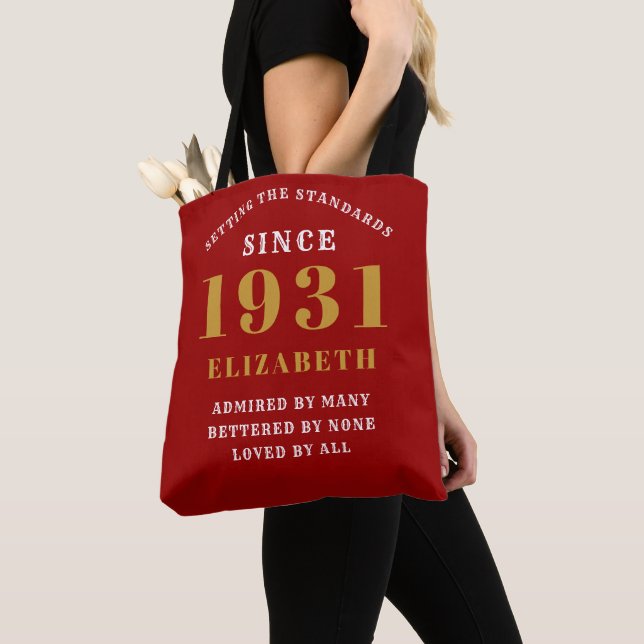 90th Birthday Born 1931 Personalised Elegant Red  Tote Bag (Close Up)
