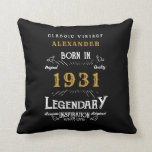 90th Birthday Born 1931 Retro Black Personalised Cushion<br><div class="desc">For those born in 1931 and celebrating their 90th birthday we have the ideal home decoration accessory. The black background with a white and gold vintage typography design design is simple and yet elegant with a retro feel. Easily customise the text of this birthday gift using the template provided. More...</div>