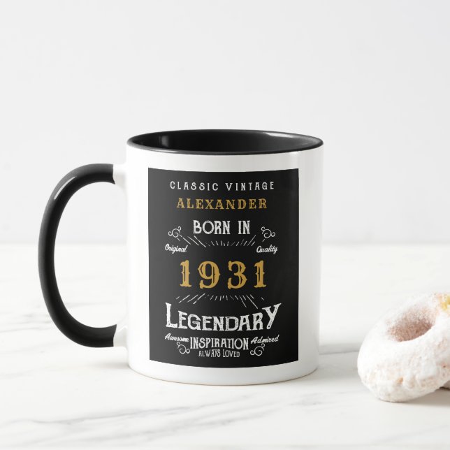 90th Birthday Born 1931 Retro Black Personalised Mug (With Donut)