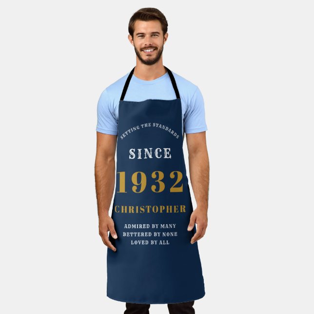 90th Birthday Born 1932 Add Name Blue Gold Man's Apron (Worn)