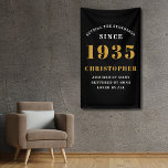 90th Birthday Born 1935 Add Name Black Gold Banner<br><div class="desc">90th Birthday Party Wall Banner - Customisable Black and Gold Decorative Piece. Celebrate an impressive milestone with our Birthday Party Wall Banner. This one-of-a-kind black and gold banner is not just a decoration, it's a statement piece. Customisable to your preferences, it's an elegant and fun way to mark the start...</div>