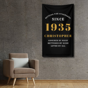 90th Birthday Born 1935 Add Name Black Gold Banner