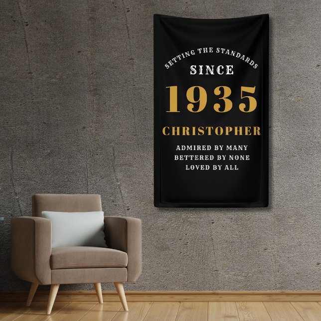 90th Birthday Born 1935 Add Name Black Gold Banner (Custom 60th birthday wall banner for those born in 1935)