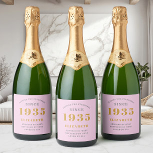 90th Birthday Born 1935 Add Name Pink Grey Sparkling Wine Label