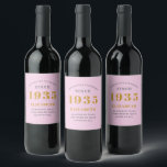 90th Birthday Born 1935 Add Name Pink Grey Wine Label<br><div class="desc">Personalised Birthday add your name and year sparkling wine label. Edit the name and year with the template provided. A wonderful custom pink birthday party item. More gifts and party supplies available with the "setting standards" design in the store.</div>