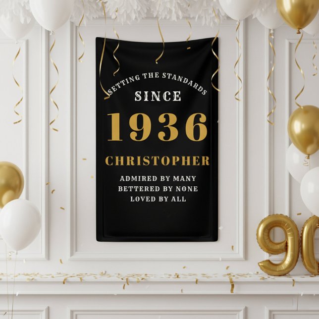 90th Birthday Born 1936 Add Name Black Gold Banner (1936 black and gold banner with white background)