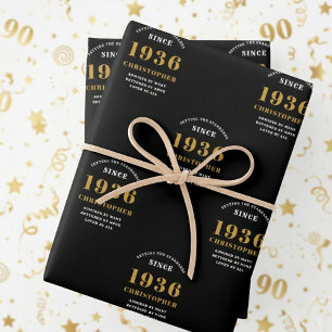 90th Birthday born 1936 Add Name Black Gold Wrapping Paper Sheet