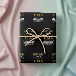 90th Birthday Born 1936 Legend Vintage Black Wrapping Paper Sheet