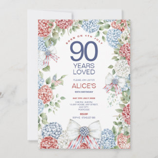 90th Birthday, Born on 4th July Patriotic Floral Invitation