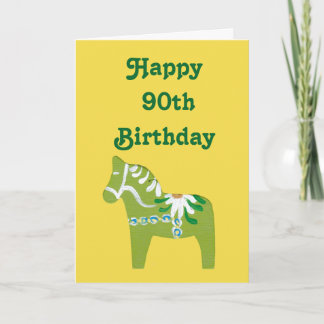 90th Birthday Bright Green Card with Dala Horse