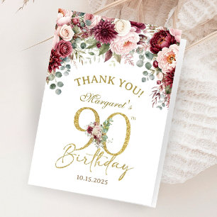 90th Birthday Burgundy Blush Folded Thank You Card
