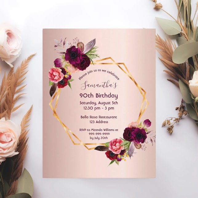 90th birthday burgundy floral rose gold invitation postcard (Creator Uploaded)