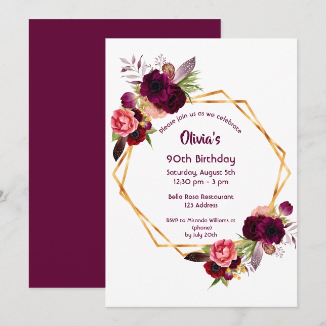 90th birthday burgundy florals gold geometric invitation (Front/Back)