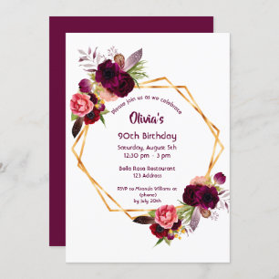 90th birthday burgundy florals gold geometric invitation