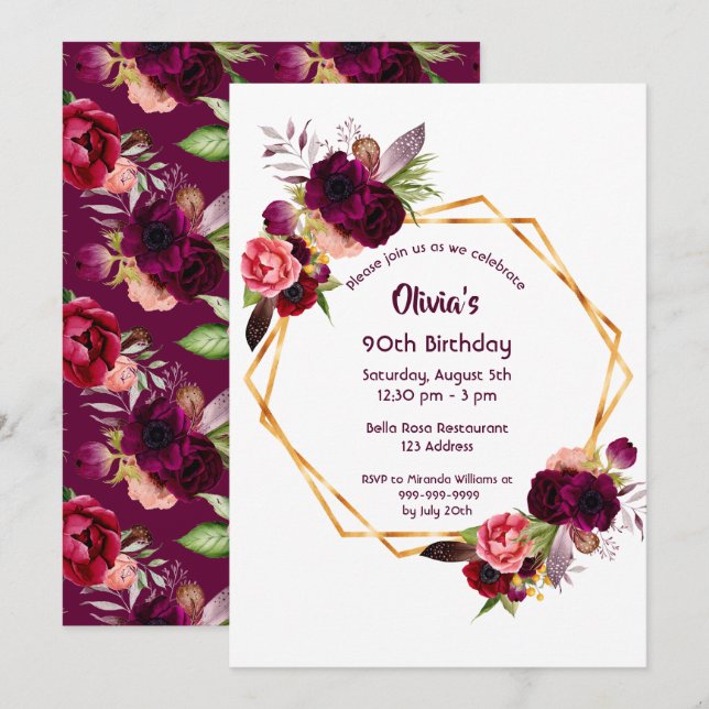 90th birthday burgundy florals gold geometric invitation (Front/Back)