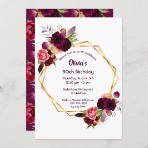 90th birthday burgundy florals gold geometric invitation
