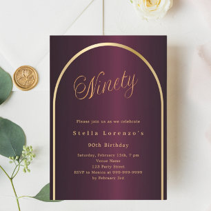 90th birthday burgundy gold arch script elegant invitation
