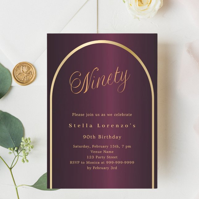90th birthday burgundy gold arch script elegant invitation (Creator Uploaded)