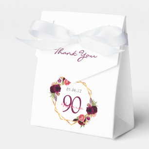 90th Birthday burgundy gold geometric floral white Favour Box